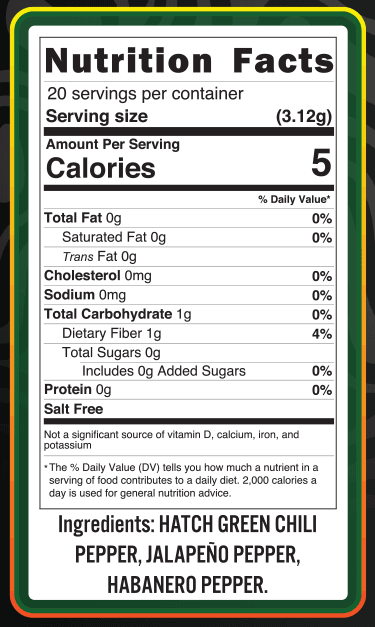 This SALT FREE blend of Hatch Green Chili Peppers, Jalapenos, and Habaneros offers mild heat and a flavor punch. Elevate your dishes with this vibrant and unique blend!