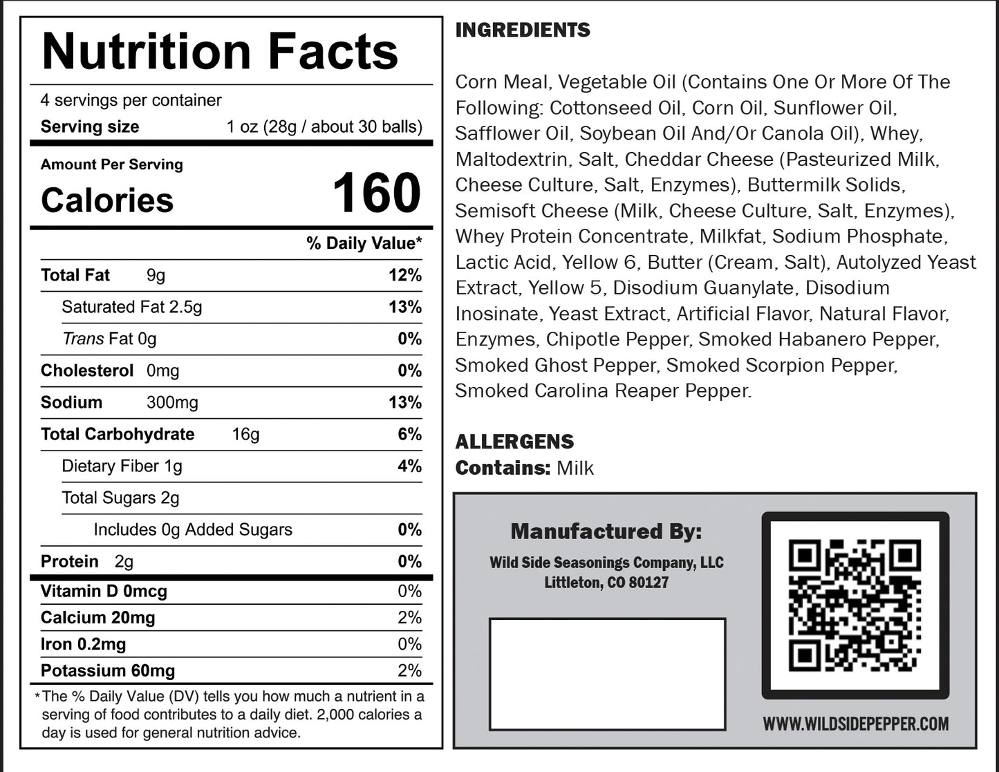 Nutrition facts and ingredients label for Scorcheeze Cheese Puffs, including a QR code for Wild Side Seasonings Company. Spicy Cheese Balls - Smoked Habanero, Smoked Ghost Pepper, Smoked Scorpion Pepper, Smoked Carolina Reaper cheese balls