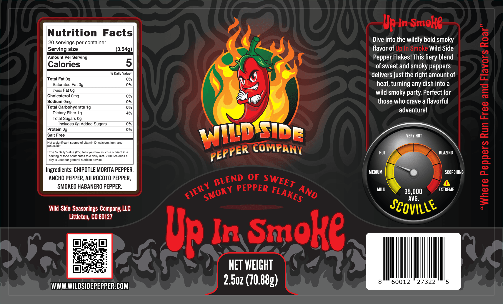 Dive into the wildly bold smoky flavor of Up In Smoke - Wild Side Pepper Flakes!
This fiery SALT FREE blend of SWEET and SMOKY peppers delivers just the right amount of heat, turning any dish into a wild smoky party.