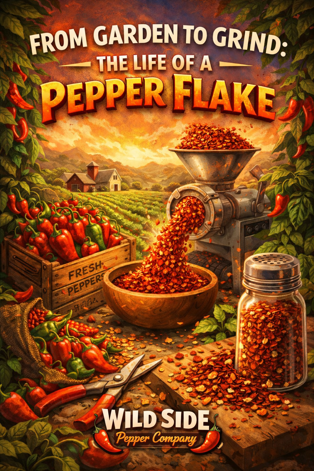 Illustration showing chili peppers being harvested and ground into red pepper flakes, with a farm-to-grinder process and “Wild Side Pepper Company” logo at the bottom, representing the journey from garden to pepper flakes.