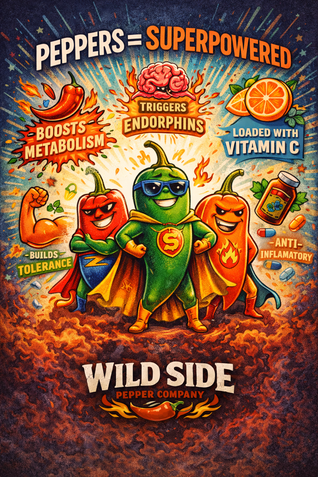 Wild Side Pepper Company illustration of superhero peppers showing benefits of capsaicin like boosting metabolism, triggering endorphins, and vitamin C.