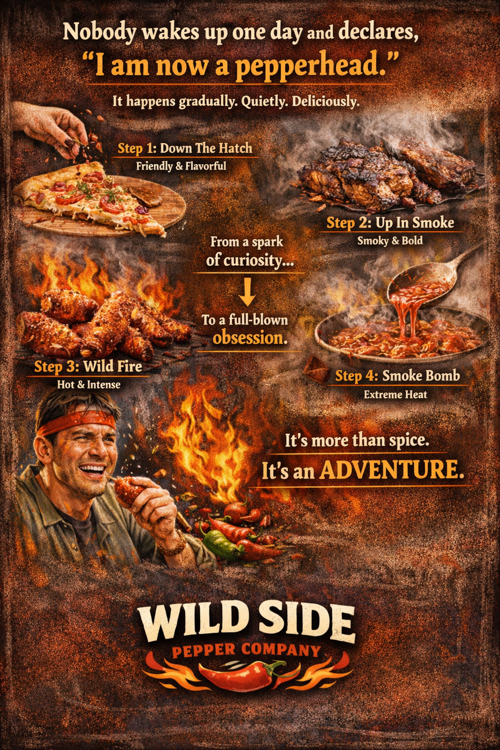 Wild Side Pepper Company illustration showing the journey from mild spice to extreme heat with pizza, wings, chili peppers, and pepperhead tasting fiery food.