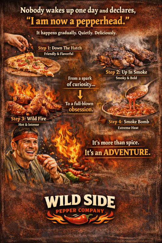 Wild Side Pepper Company illustration showing the journey from mild spice to extreme heat with pizza, wings, chili peppers, and pepperhead tasting fiery food.
