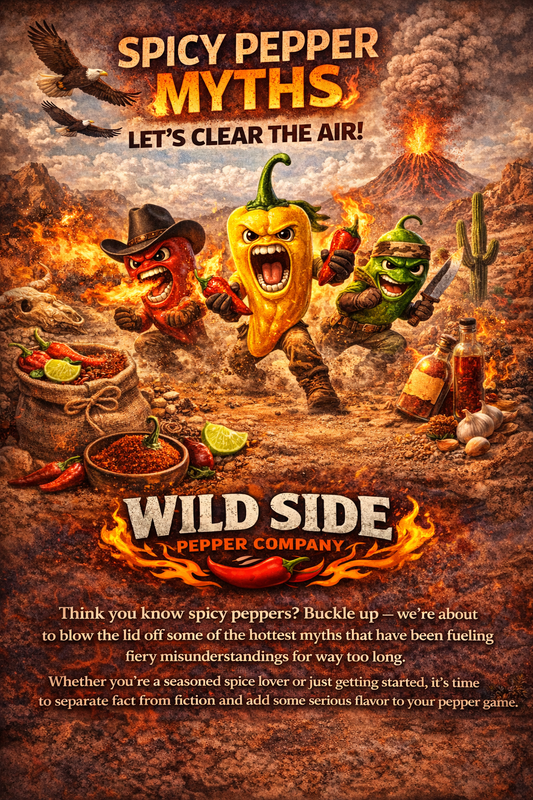 Fiery desert scene with animated chili peppers, volcano, and flames under the headline “Spicy Pepper Myths – Let’s Clear the Air” and Wild Side Pepper Company logo at the bottom.