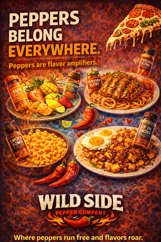 Wild Side Pepper Company image showing peppers beyond pizza on fruit, grilled chicken, pasta, mac and cheese, and breakfast dishes with spice blends.