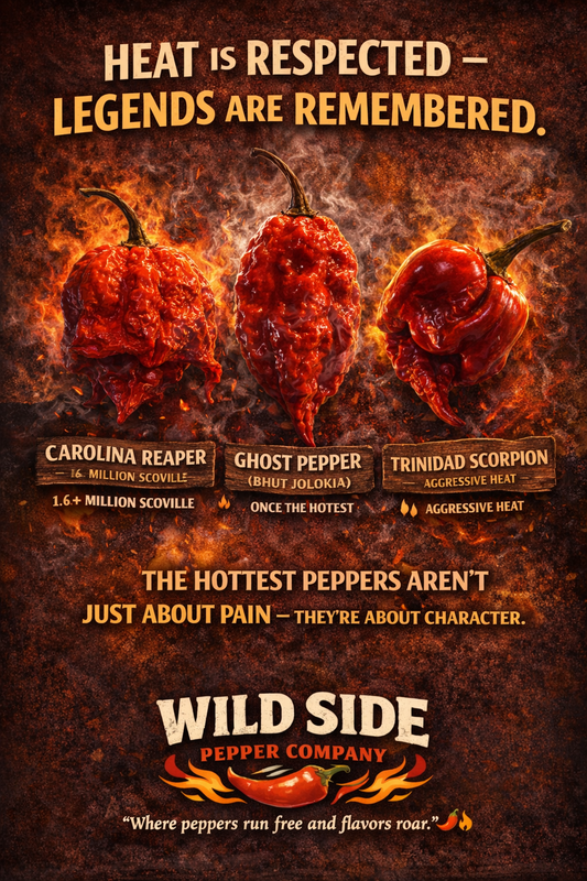 Carolina Reaper, Ghost Pepper (Bhut Jolokia), and Trinidad Scorpion peppers surrounded by flames with bold text ‘Heat is respected — legends are remembered’ and Wild Side Pepper Company branding.