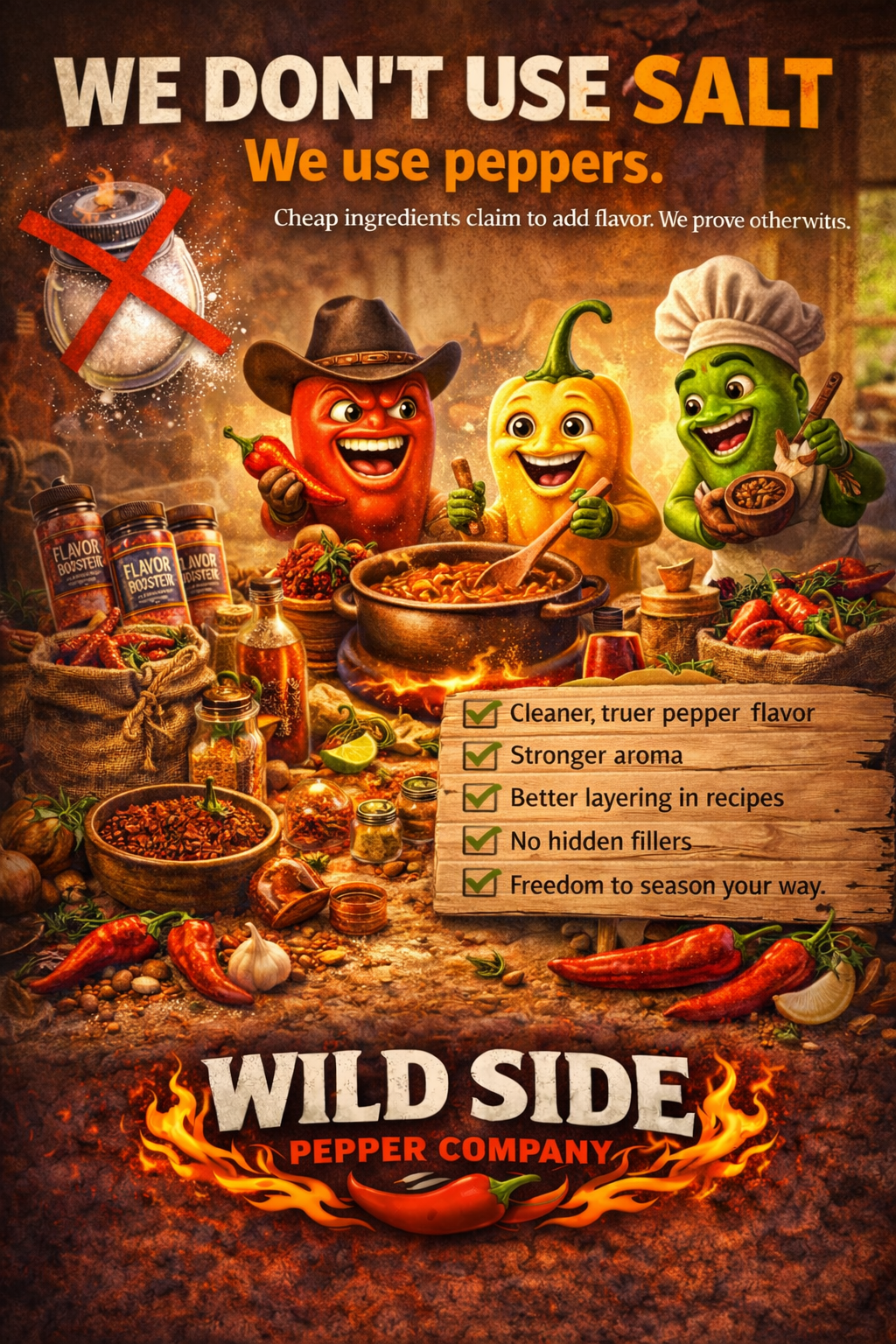 Smiling chili peppers preparing spices in a rustic kitchen scene with message “We don’t use salt, we use peppers” and Wild Side Pepper Company logo highlighting premium salt-free pepper blends.