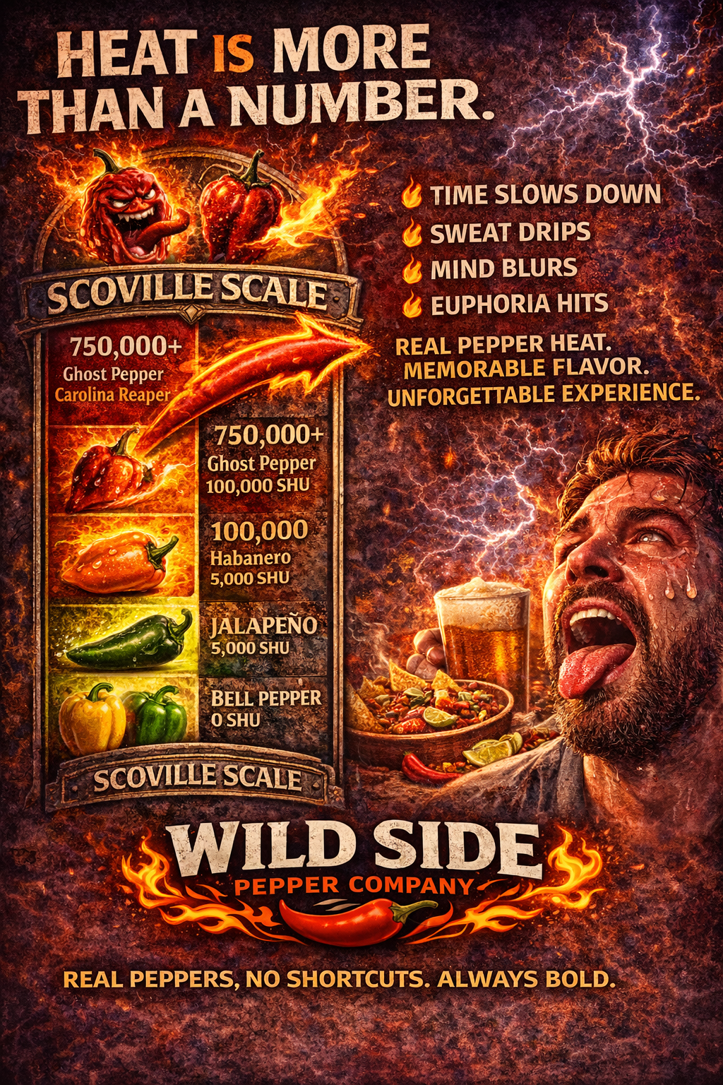 Dramatic graphic comparing bell pepper, jalapeño, habanero, and ghost pepper heat with lightning and fire effects and Wild Side Pepper Company branding.