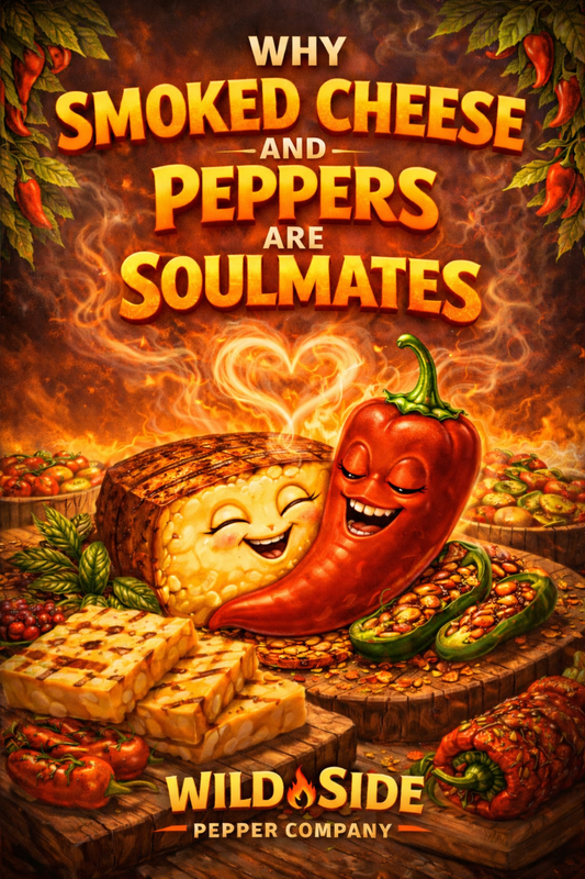 Why smoked cheese and peppers are soulmates illustration featuring a happy chili pepper and smoked cheese block surrounded by flames, spices, and the Wild Side Pepper Company logo.