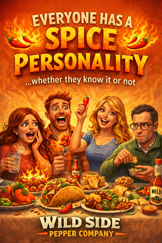 Colorful illustration of four people reacting differently to spicy food, showing unique spice personalities ranging from mild to extreme heat, surrounded by peppers, hot sauce, and fiery dishes.