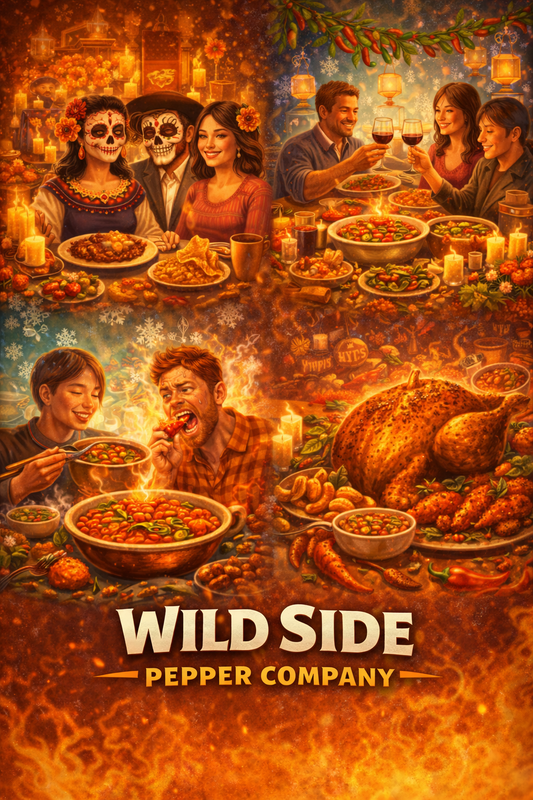 Colorful illustration showing holiday celebrations from Mexico, Italy, Asia, and the United States with spicy foods, chili peppers, and the Wild Side Pepper Company logo at the bottom.