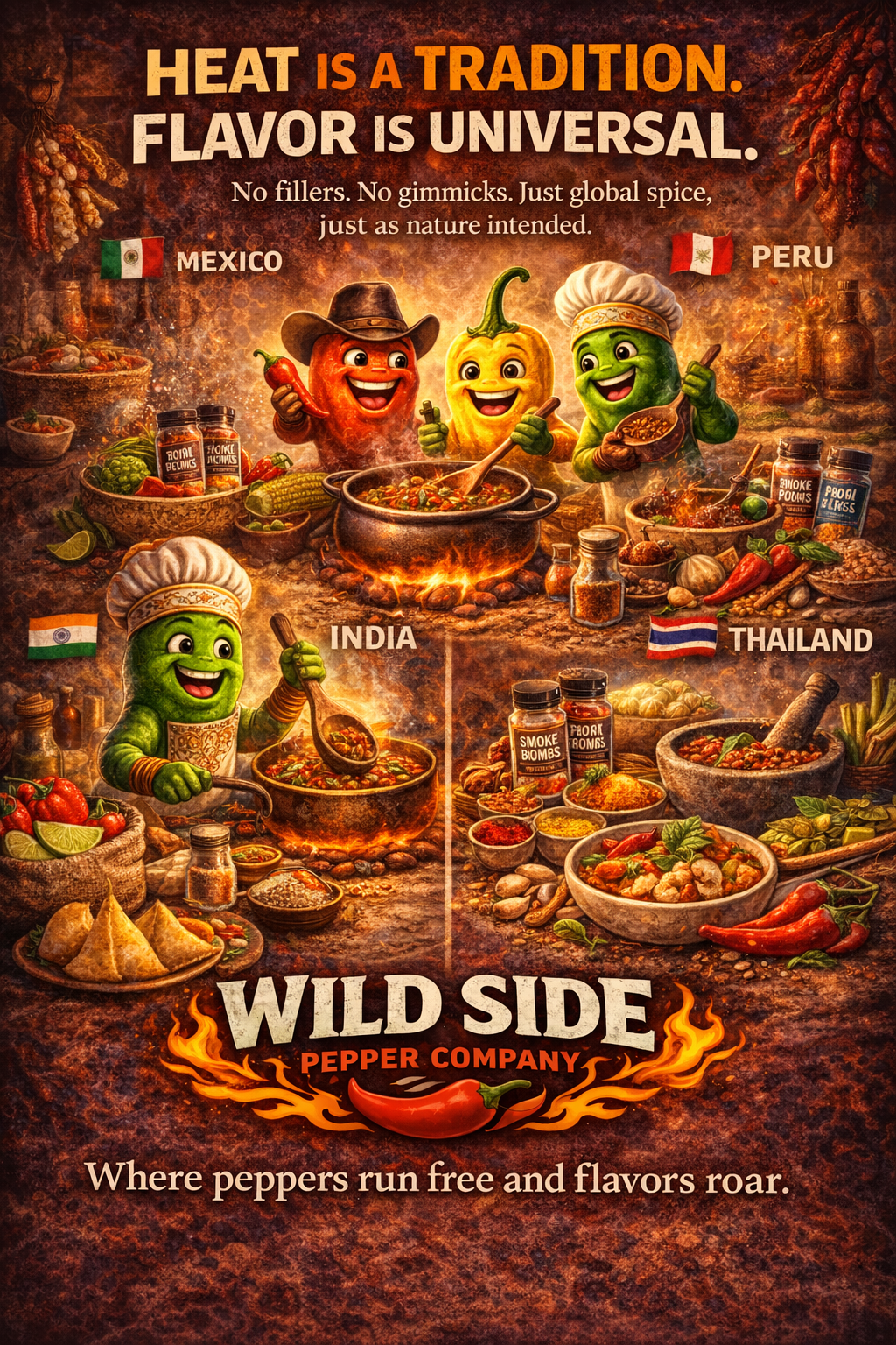Colorful illustration showing friendly chili peppers preparing international spicy foods with text “Heat is a tradition, flavor is universal” and Wild Side Pepper Company logo at the bottom.