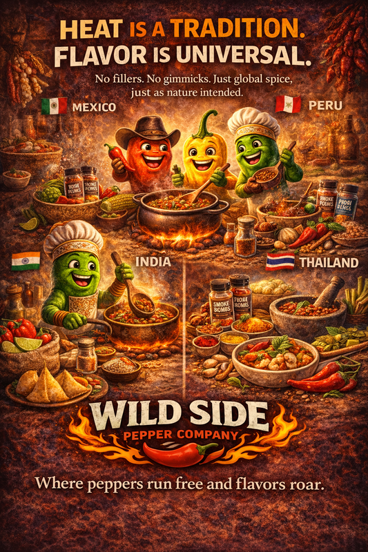 Colorful illustration showing friendly chili peppers preparing international spicy foods with text “Heat is a tradition, flavor is universal” and Wild Side Pepper Company logo at the bottom.