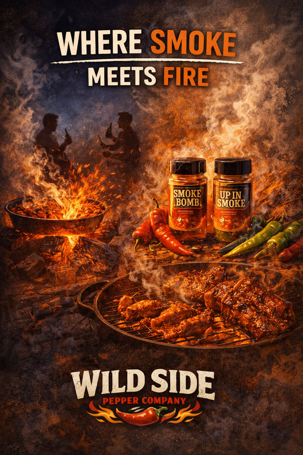Wild Side Pepper Company illustration of smoky heat with campfire flames, grilled food, chili peppers, and Smoke Bomb and Up In Smoke seasonings.