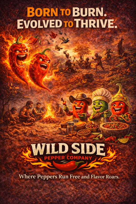 Artistic scene of chili peppers, early humans cooking, and birds spreading seeds with the headline “Born to Burn. Evolved to Thrive.” and Wild Side Pepper Company branding.