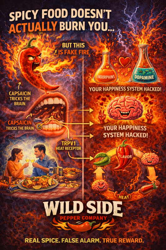 Wild Side Pepper Company infographic explaining why spicy food feels hot, showing capsaicin, brain receptors, and endorphins.