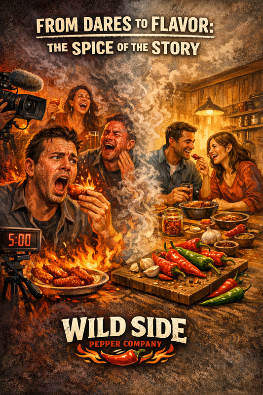 Wild Side Pepper Company illustration comparing viral spicy food challenges with people enjoying flavorful chili pepper meals, emphasizing heat versus flavor.
