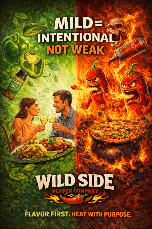 Wild Side Pepper Company illustration comparing mild intentional flavor with extreme heat using chili peppers, fire, and balanced food scenes.