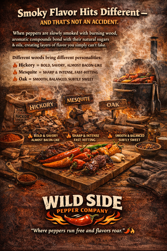 Smoked chili peppers on a rustic cutting board with hickory, mesquite, and oak wood signs and Wild Side Pepper Company logo, illustrating how smoke creates bold flavor.