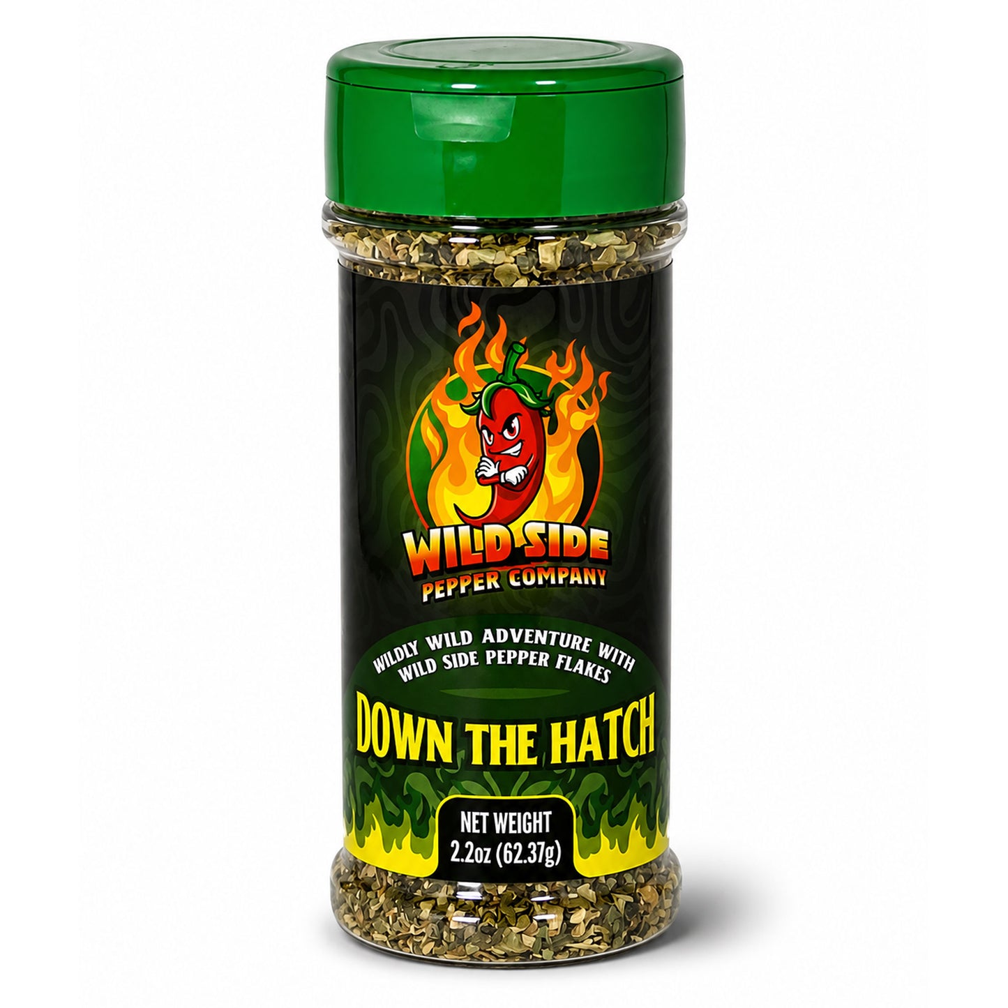 A clear plastic spice jar with a green lid and a black label featuring the Wild Side Pepper Company logo and the product name 'Down The Hatch'.