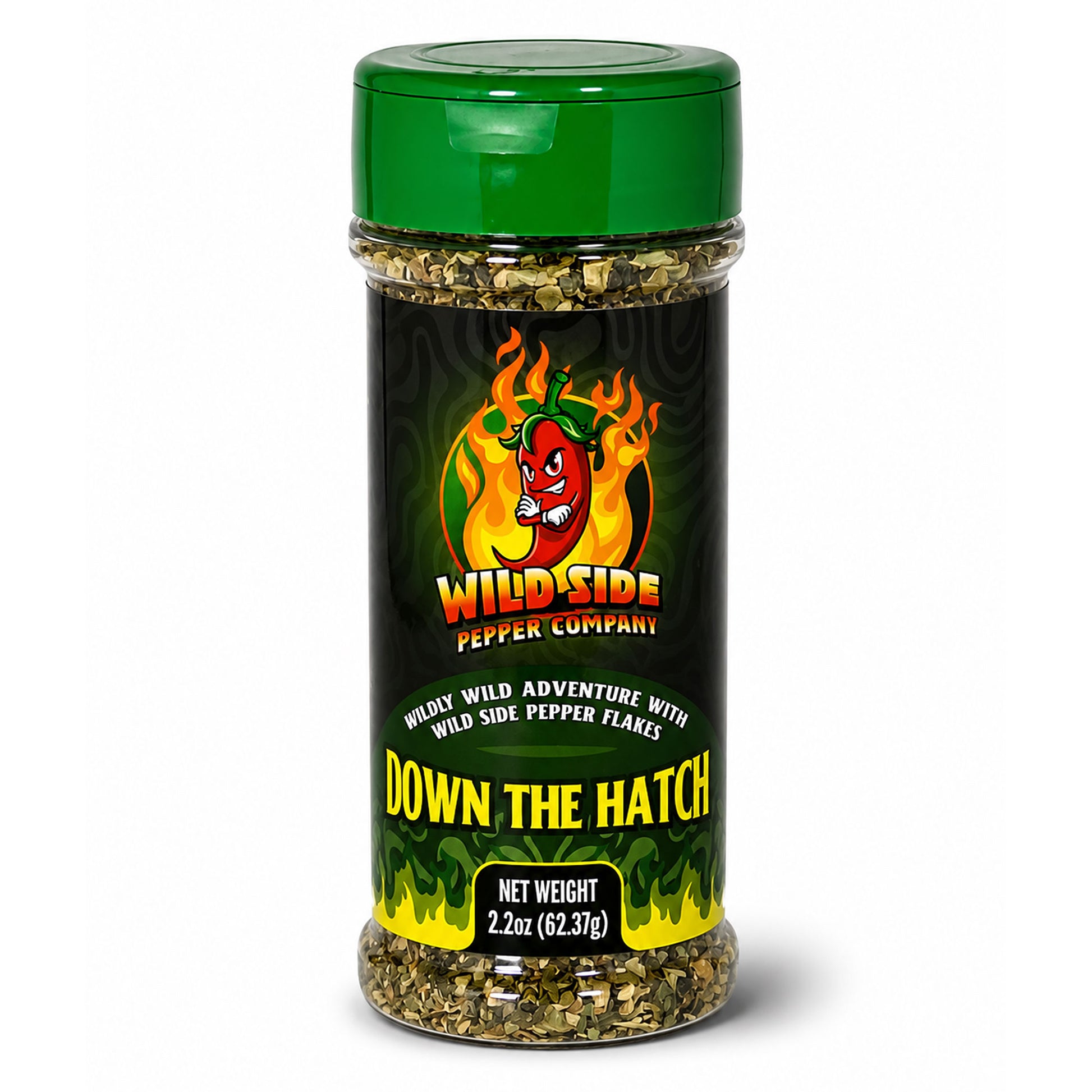 A clear plastic spice jar with a green lid and a black label featuring the Wild Side Pepper Company logo and the product name 'Down The Hatch'.