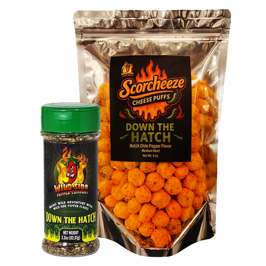 Down The Hatch seasoning and Scorcheeze Down The Hatch spicy cheese puffs bundle by Wild Side Pepper Company