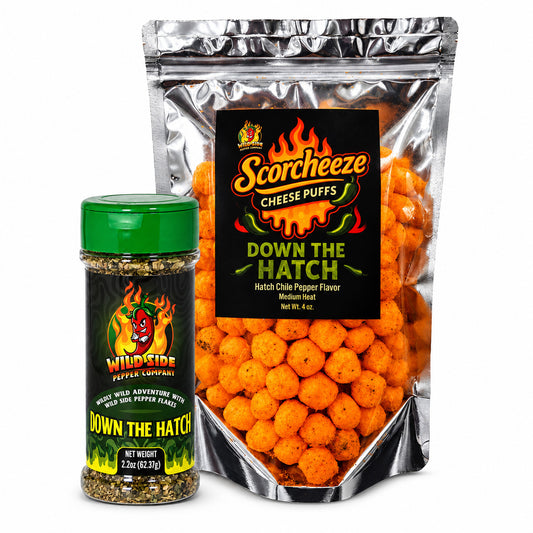 Wild Side Down The Hatch bundle with Hatch green chile pepper seasoning and matching Scorcheeze cheese puffs.