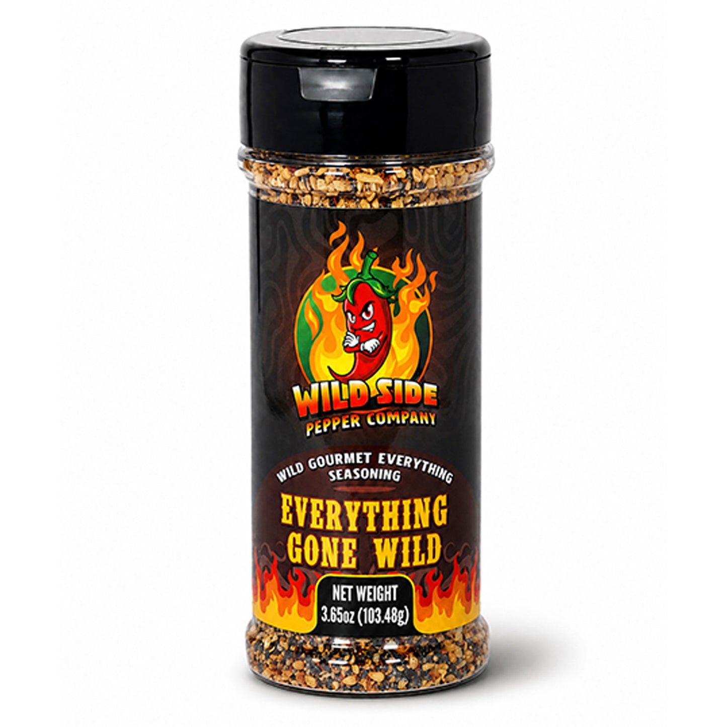 A bottle of Wild Side Pepper Company Everything Gone Wild seasoning, featuring a black cap and a black label with red, yellow, and orange flame graphics and a red chili pepper logo.