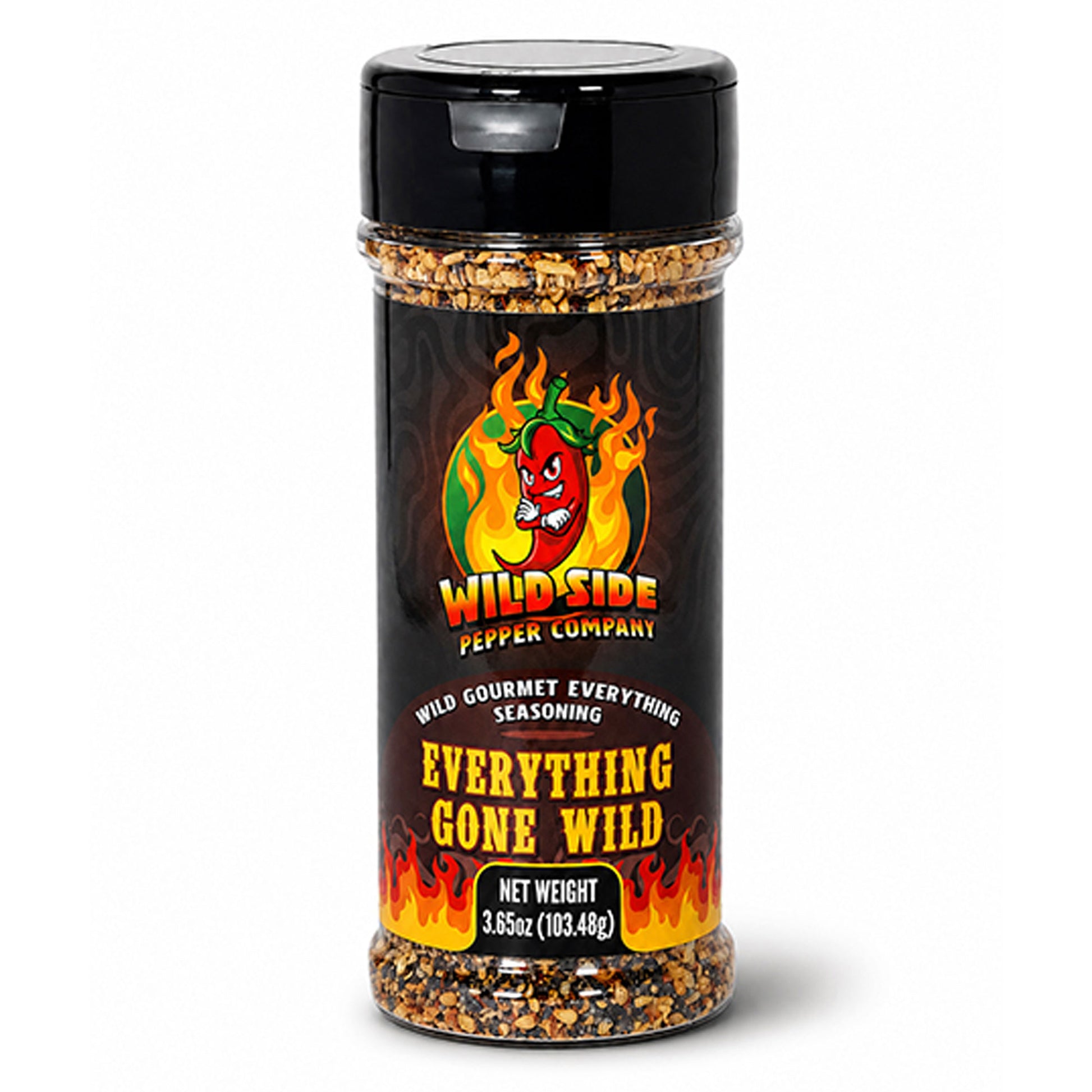 A bottle of Wild Side Pepper Company Everything Gone Wild seasoning, featuring a black cap and a black label with red, yellow, and orange flame graphics and a red chili pepper logo.