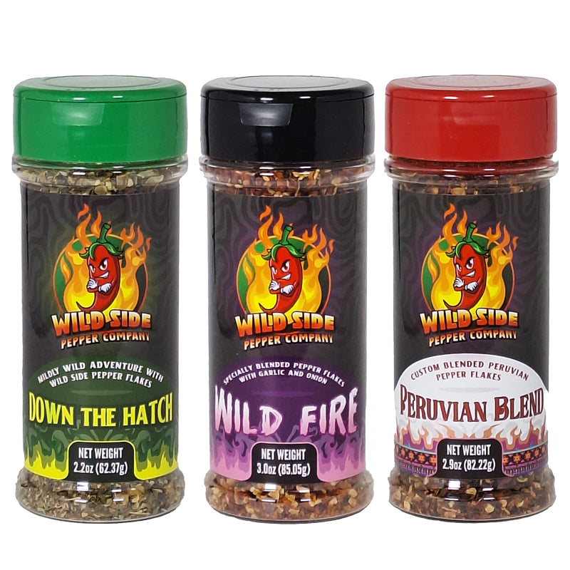 Favorites Bundle - Wild Side Pepper Company pepper flakes - Down The Hatch - Wild Fire - Peruvian Blend