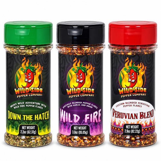 Wild Side Fan-Favorite Trio with Down The Hatch, Wild Fire, and Peruvian Blend pepper seasonings.