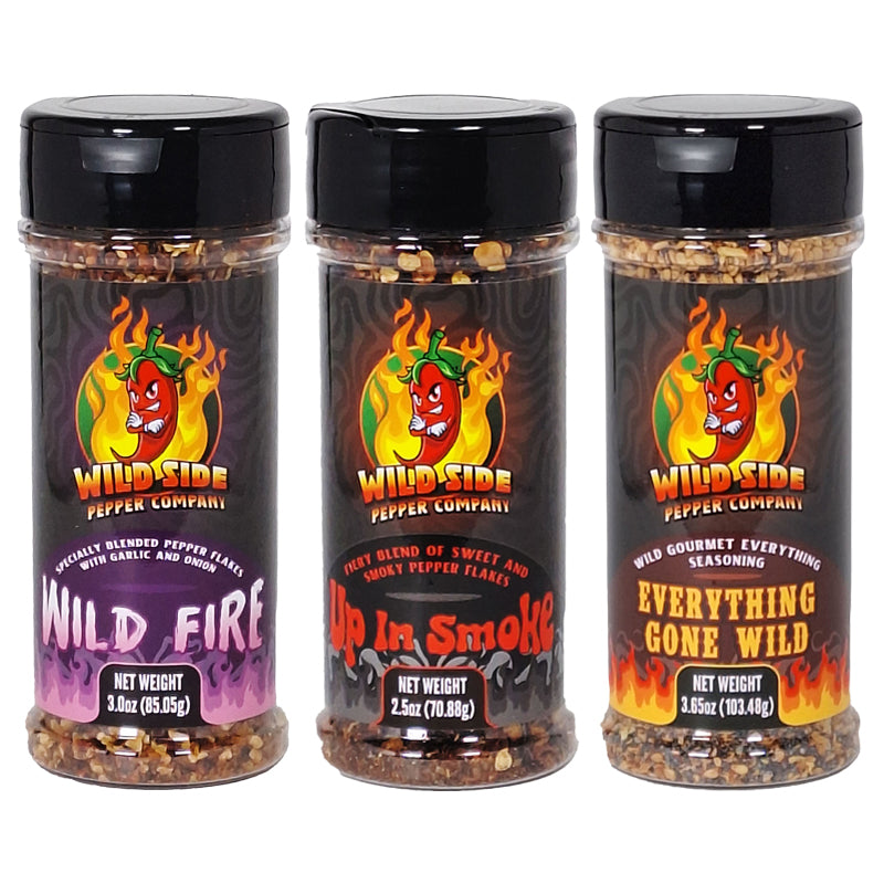 Three bottles of Wild Side Pepper Company seasoning - Grill Bundle - Wild Fire, Up In Smoke, Everything Gone Wild