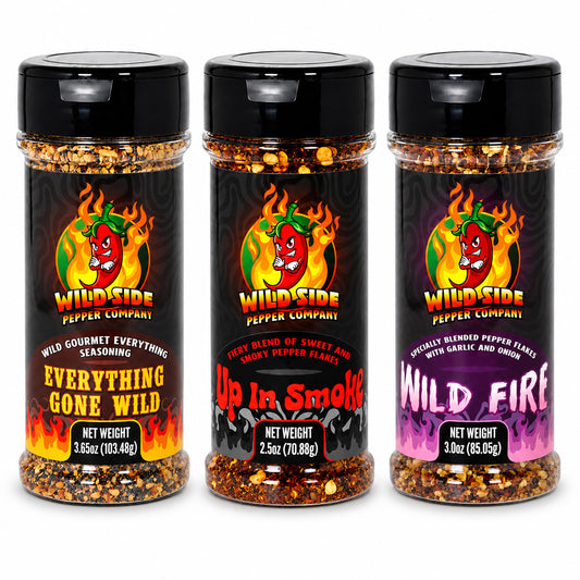 Wild Side Grilling Trio with Everything Gone Wild, Up In Smoke, and Wild Fire pepper seasonings.