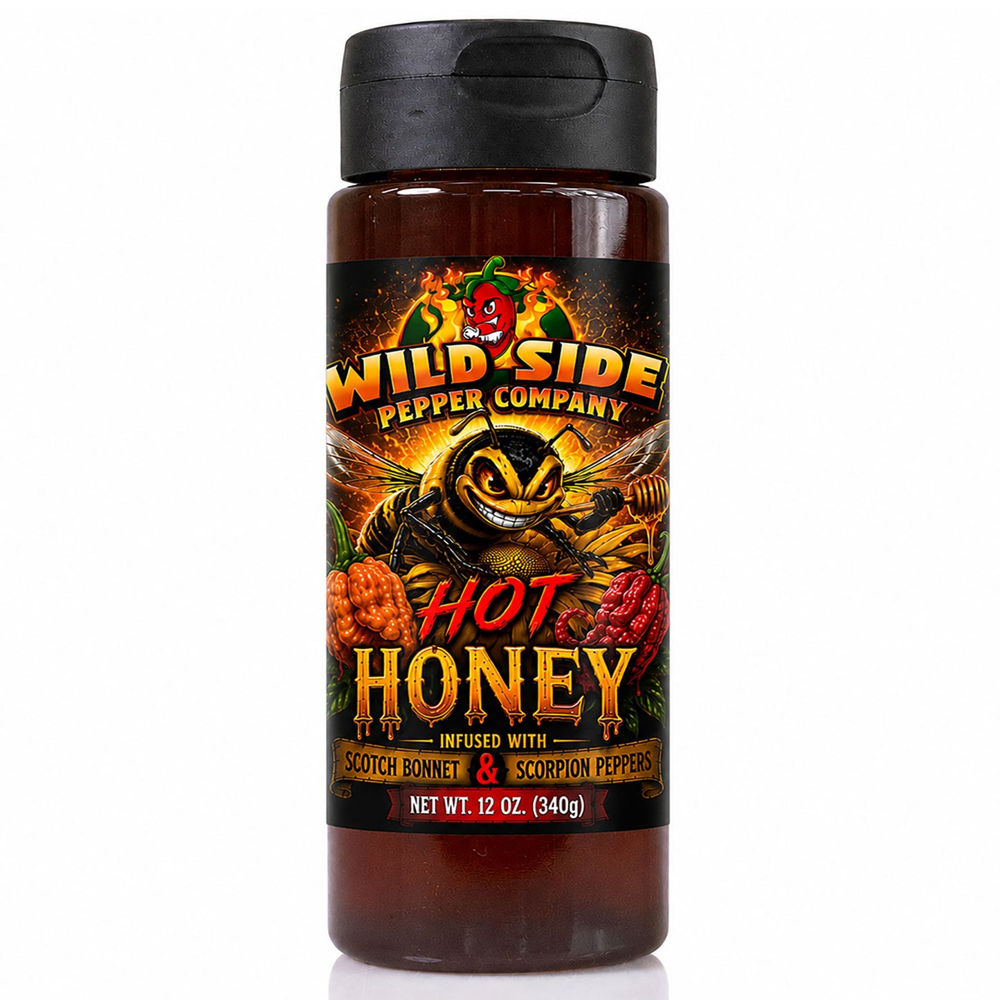A 12 oz bottle of Wild Side Pepper Company Hot Honey, featuring a black cap and a label with a bee, honeycomb, and fiery orange-red text on a white background.