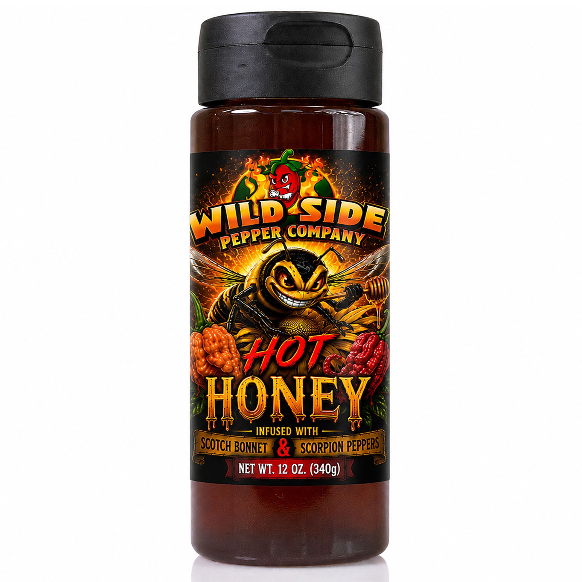 A 12 oz bottle of Wild Side Pepper Company Hot Honey, featuring a black cap and a label with a bee, honeycomb, and fiery orange-red text on a white background.