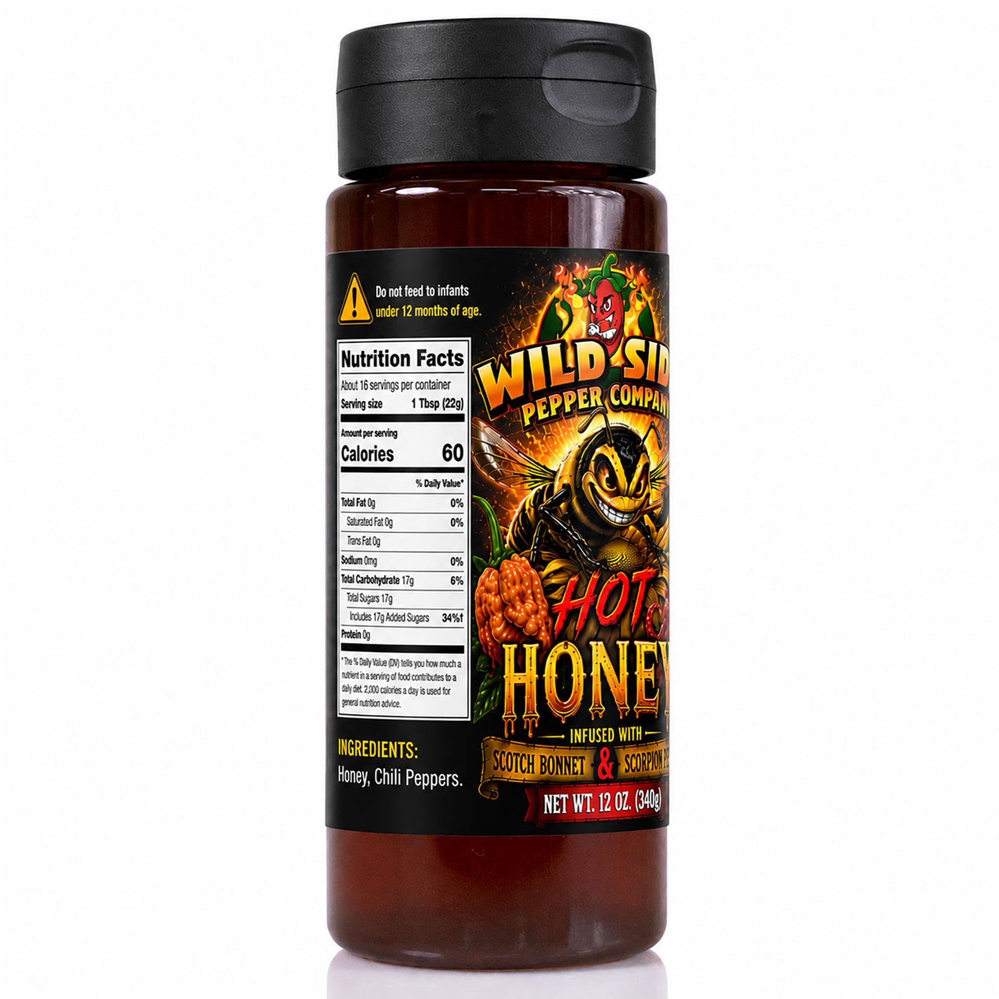 A bottle of Wild Smoke Pepper Company Hot Honey, featuring a black cap and a black label with a fiery bee illustration and product details, set against a plain white background.