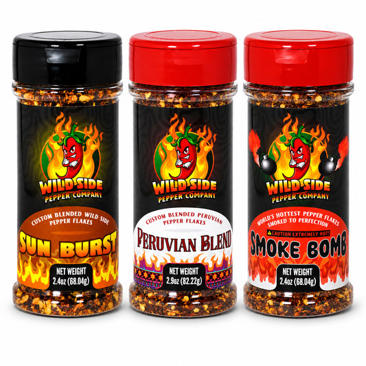 Wild Side Extra HOT Trio with Sun Burst, Peruvian Blend, and Smoke Bomb pepper seasonings.