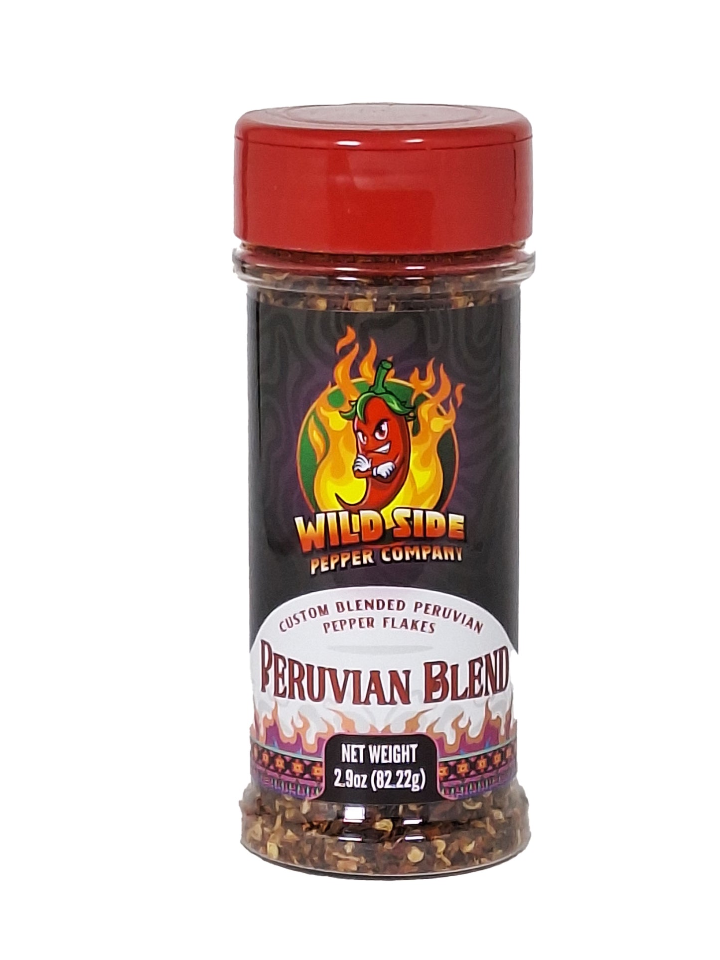 Peruvian Blend pepper jar with red lid and Wild Side Pepper Company