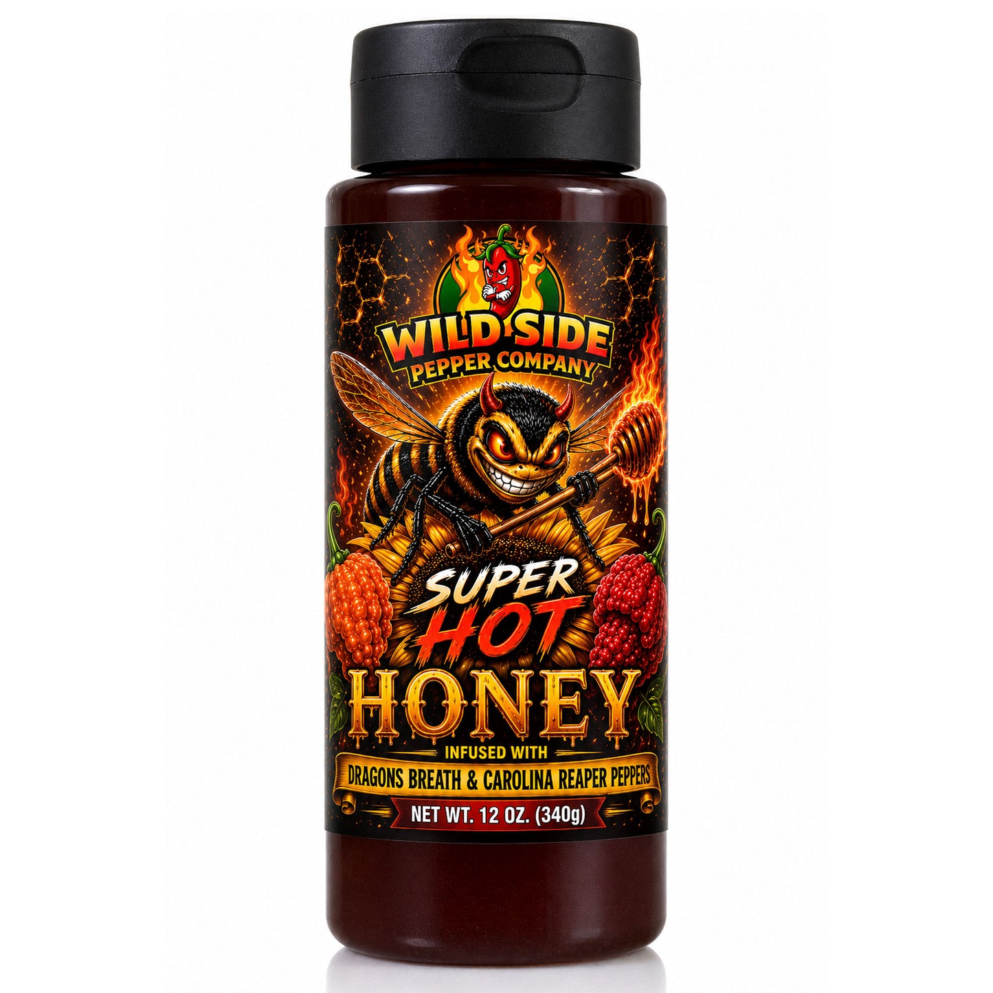 A 12 oz bottle of Wild Side Pepper Company Super Hot Honey, featuring a black cap and a colorful label with a cartoon bee, flames, and hot peppers on a white background.