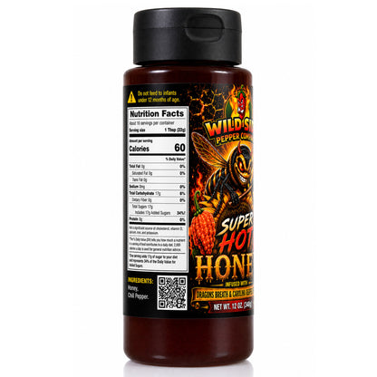 A bottle of Wildfire Super Hot Honey Infused Chili Pepper Sauce, featuring a black cap and a label with fiery graphics of a dragon head and honeycomb, on a white background.