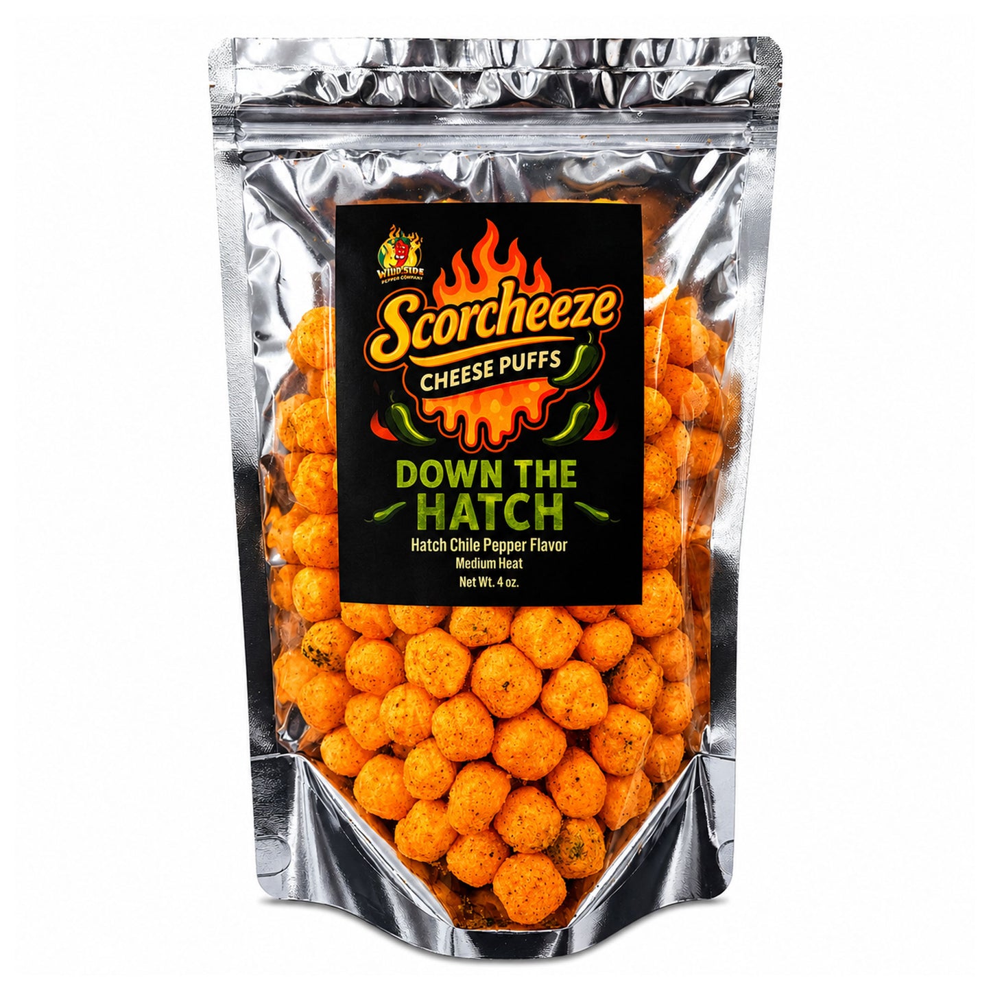 A stand-up pouch of Scorchzee Cheese Puffs in Down the Hatch hot chili pepper flavor, showing orange cheese puffs inside a silver foil bag with a black label.
