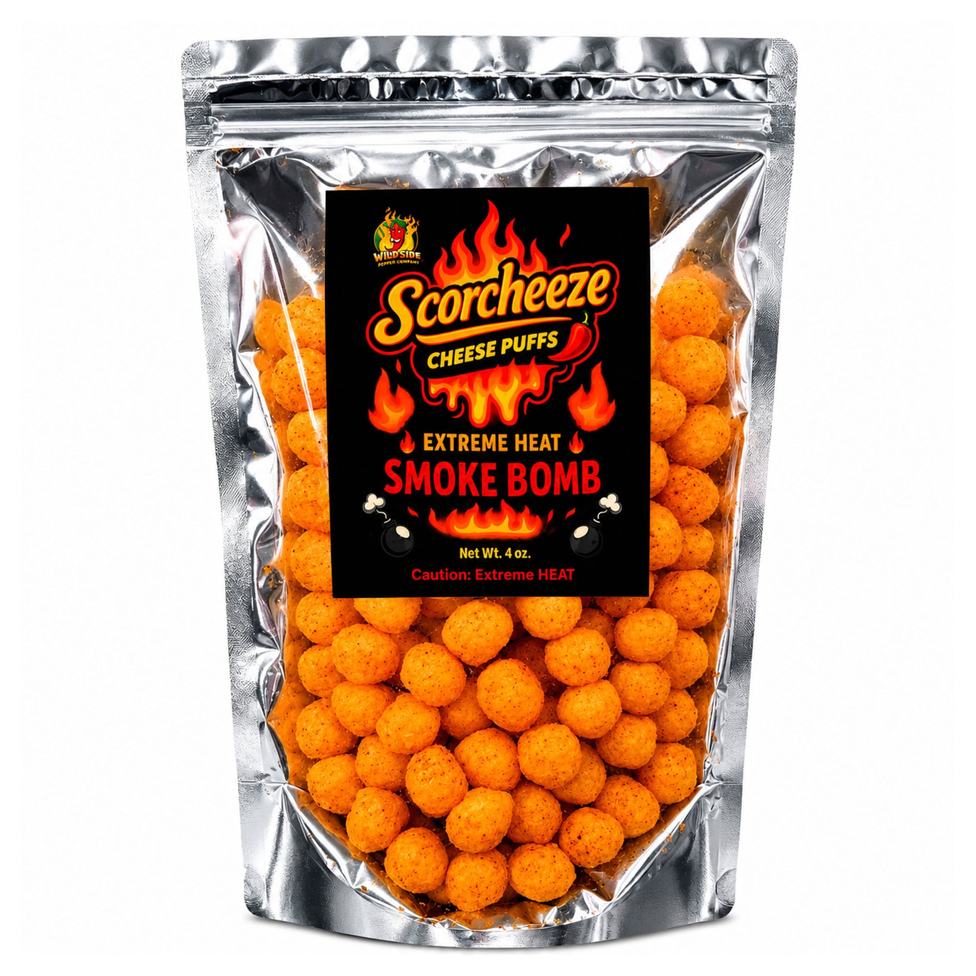 A 4 oz stand-up pouch of Scorchzee Cheese Puffs in 'Extreme Heat Smoke Bomb' flavor, showing the orange cheese puffs inside a silver foil bag with a black and red label.