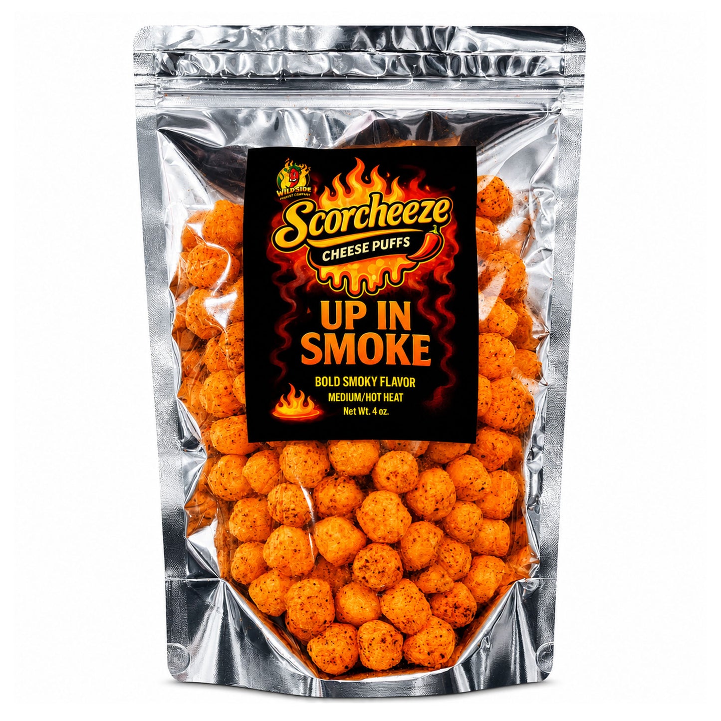 A silver stand-up pouch of Scorchzee Cheese Puffs, featuring a prominent black label with fiery orange and yellow graphics and the text 'UP IN SMOKE'. The clear front of the bag shows numerous round, orange-brown cheese puffs seasoned with specks of seasoning.