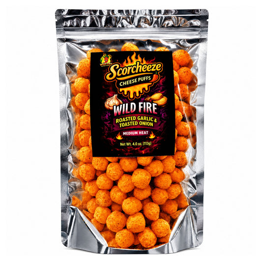 A 4 oz bag of Scorchcheez Wild Fire Cheese Puffs, featuring orange-brown cheese puffs visible through a clear window in a silver stand-up pouch with a black and orange label.