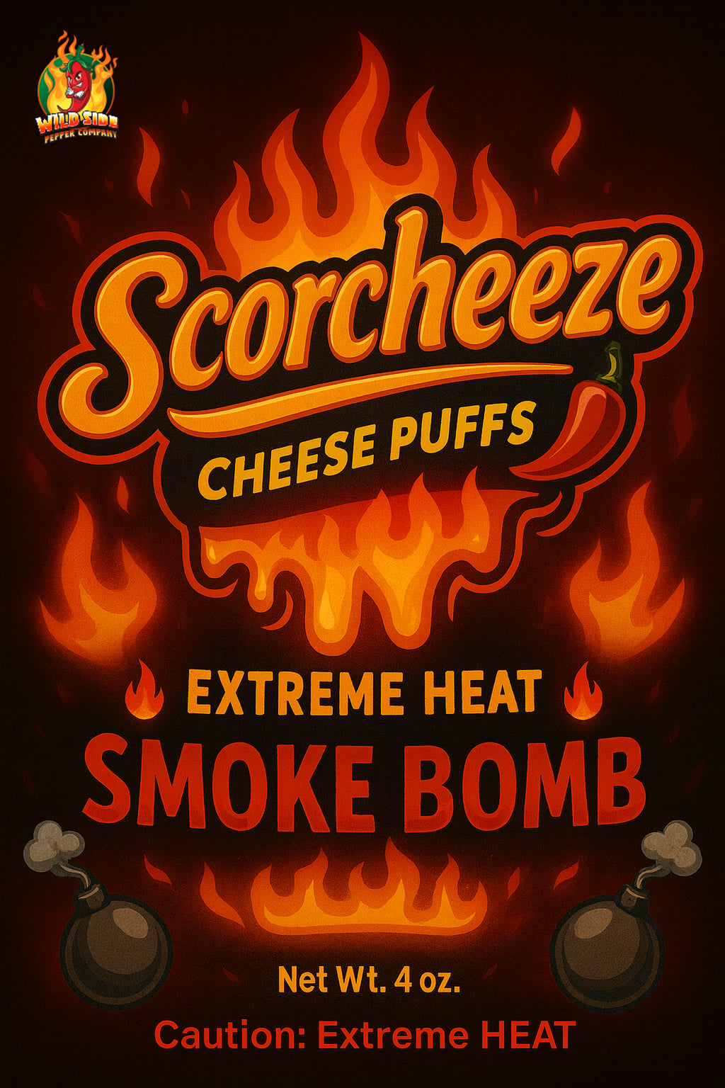 Scorcheeze Cheese Puffs Extreme Heat Smoke Bomb packaging with flames and heat-related text. Spicy Cheese Balls