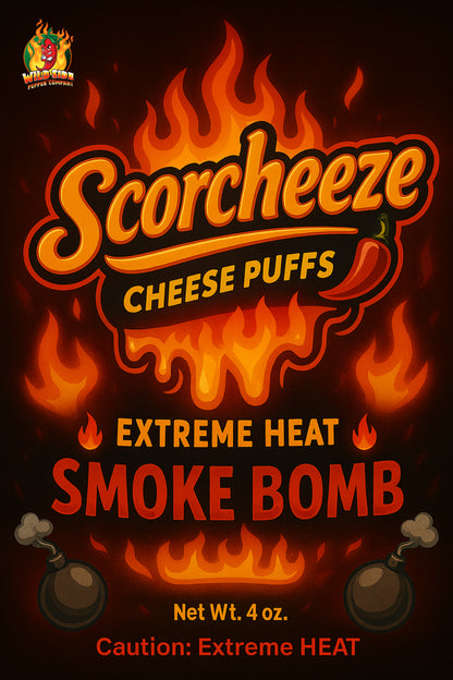 Scorcheeze Cheese Puffs Extreme Heat Smoke Bomb packaging with flames and heat-related text. Spicy Cheese Balls
