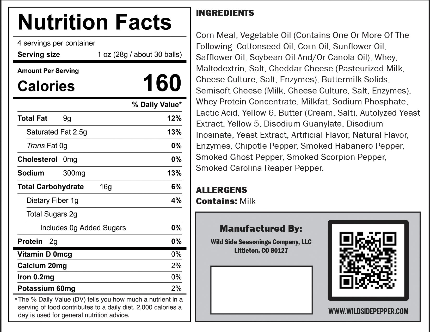 Nutrition facts and ingredients label for Scorcheeze Cheese Puffs, including a QR code for Wild Side Seasonings Company. Spicy Cheese Balls - Smoked Habanero, Smoked Ghost Pepper, Smoked Scorpion Pepper, Smoked Carolina Reaper cheese balls