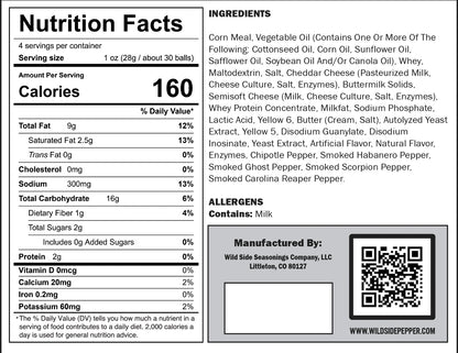 Nutrition facts and ingredients label for Scorcheeze Cheese Puffs, including a QR code for Wild Side Seasonings Company. Spicy Cheese Balls - Smoked Habanero, Smoked Ghost Pepper, Smoked Scorpion Pepper, Smoked Carolina Reaper cheese balls