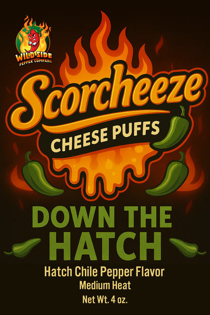Scorcheeze Cheese Puffs Down The Hatch flavor, Hatch chile pepper cheese puffs with medium heat by Wild Side Pepper Company