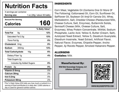 Scorcheeze Up In Smoke Smoky Cheese Puffs Medium Heat Smoky Cheese Balls Nutrition Facts Label